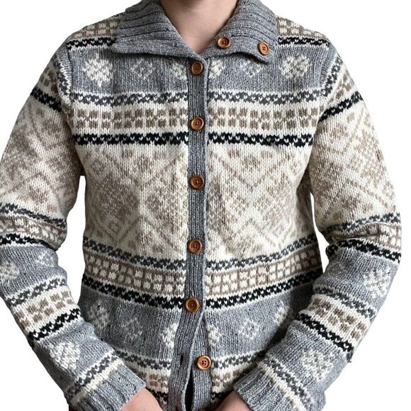 Vintage 90s Womens Eddie Bauer Fair Isle Nordic Lambswool Hippy Cardigan Sz M - Picture 7 of 8